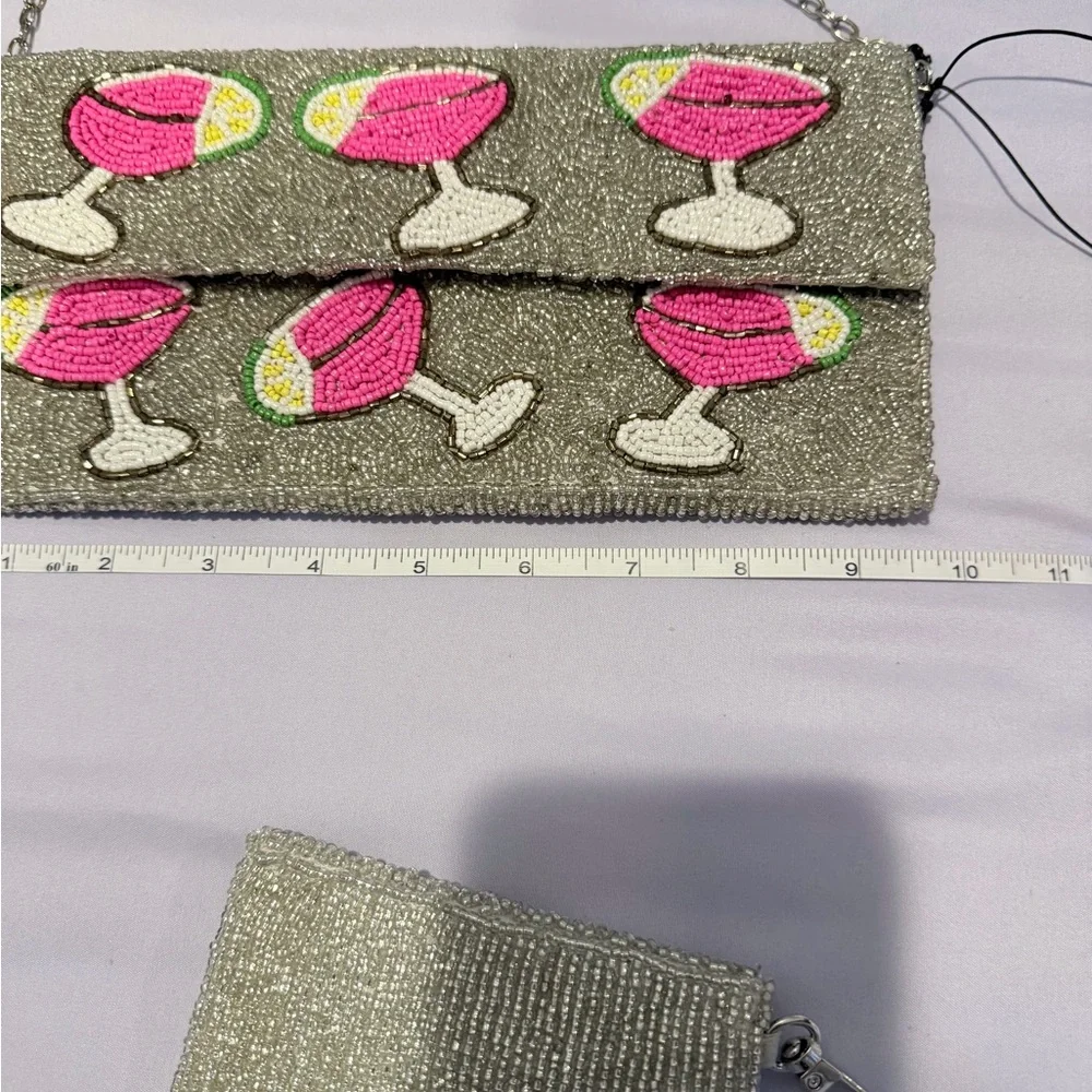 Rachel Zoe Silver Beaded Clutch with Pink Cocktail Motif w/ coin pouch